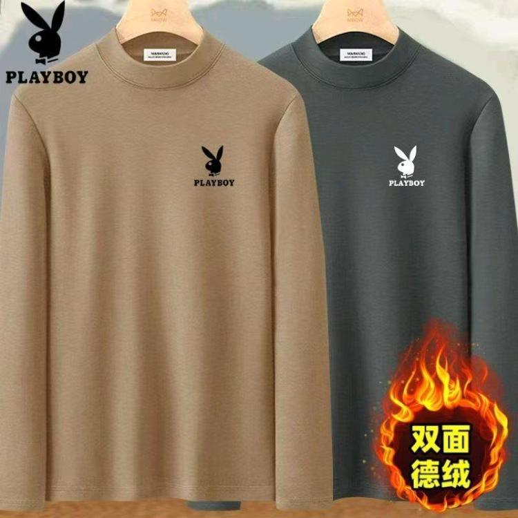 花花公子春秋长袖t恤男士圆领休闲上衣德绒保暖。